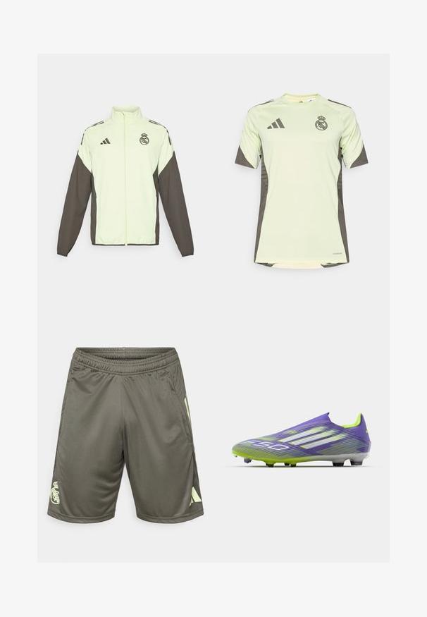 Adidas jacket featuring a light green body and dark brown sleeves. Includes a high collar, front zipper, and logo on the chest.; Light green short-sleeve jersey with dark gray accents, featuring team logo on the chest, made from breathable material with moisture-wicking technology.; Dark green sports shorts made of lightweight fabric, featuring an elastic waistband, side slits, and a light green logo on the lower left.; Soccer cleat in purple and green, featuring a streamlined design, textured upper with stripe patterns, and a translucent sole.
