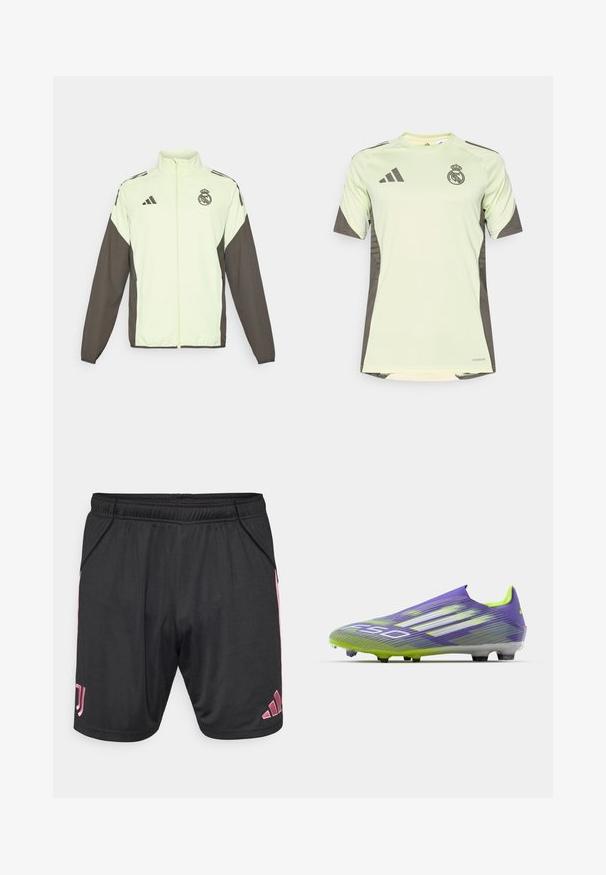 Adidas-takki, jossa on vaaleanvihreä vartalo ja tummanruskeat hihat. Sisältää korkean kauluksen, etuvetoketjun ja logon rinnassa.; Vaaleanvihreä lyhythihainen paita tummanharmailla yksityiskohdilla, jossa on joukkueen logo rinnassa, valmistettu hengittävästä materiaalista, jossa on kosteutta siirtävä teknologia.; Mustat urheilushortsit vaaleanpunaisilla yksityiskohdilla, joustava vyötärö, sivutaskut ja Adidas-logo. Valmistettu kevyestä, sileästä kankaasta.; Jalkapallokengät purppuran ja vihreän sävyissä, joissa on virtaviivainen muotoilu, teksturoitu pinta nauhakuvioilla ja läpinäkyvä pohja.