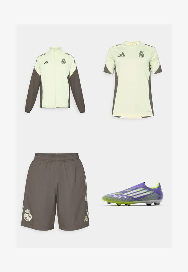 Adidas jakke med en lys grøn krop og mørkebrune ærmer. Omfatter en høj krave, frontlynlås og logo på brystet.; Lys grøn kortærmet trøje med mørkegrå accenter, med holdets logo på brystet, lavet af åndbart materiale med fugttransporterende teknologi.; Grå sportsshorts med elastisk talje, lysegrønne sidelister og et hvidt Real Madrid-logo på venstre kant.; Fodboldstøvle i lilla og grøn, med et strømlinet design, tekstureret overdel med stribemønstre og en gennemsigtig sål.