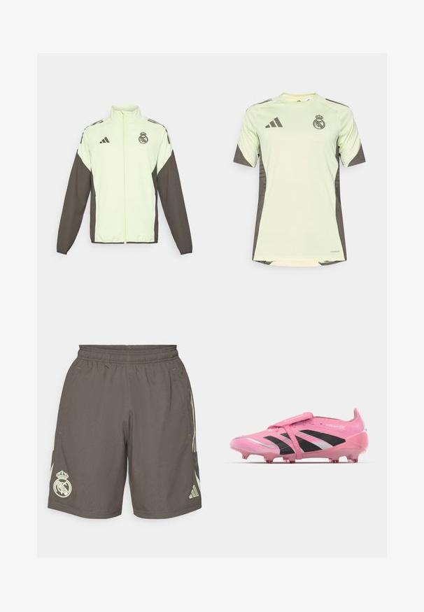 Veste Adidas avec un corps vert clair et des manches marron foncé. Comprend un col haut, une fermeture éclair sur le devant et un logo sur la poitrine.; T-shirt à manches courtes vert clair avec des accents gris foncé, présentant le logo de l'équipe sur la poitrine, fabriqué à partir d'un matériau respirant avec technologie d'évacuation de l'humidité.; Shorts de sport gris avec une ceinture élastique, rayures latérales vert clair et un logo Real Madrid blanc sur l'ourlet gauche.; Bottes de football roses avec des rayures noires et blanches, dotées d'un dessus synthétique doux, d'un bout arrondi et d'une semelle extérieure à crampons moulés pour la traction.