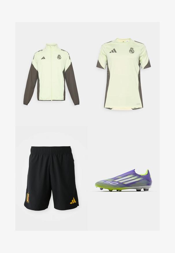 Chaqueta Adidas con un cuerpo verde claro y mangas marrón oscuro. Incluye un cuello alto, cremallera frontal y logo en el pecho.; Jersey de manga corta verde claro con acentos en gris oscuro, con el logo del equipo en el pecho, fabricado con material transpirable y tecnología que absorbe la humedad.; Pantalones cortos deportivos negros hechos de una tela ligera, con un emblema de la bandera belga amarilla y un logo amarillo de Adidas en el costado.; Botas de fútbol en púrpura y verde, con un diseño aerodinámico, parte superior texturizada con patrones de rayas y una suela translúcida.