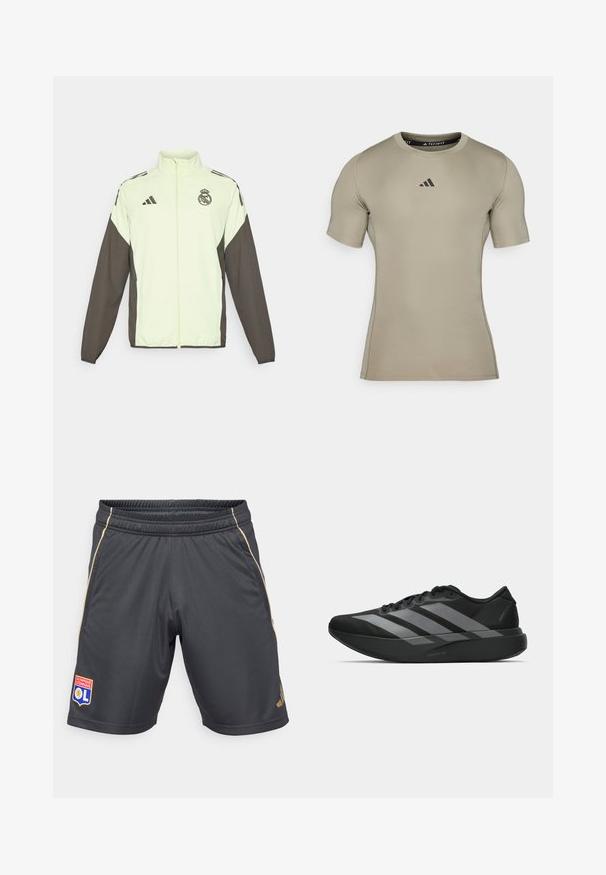 Adidas jaka ar gaiši zaļu ķermeni un tumši brūnām piedurknēm. Iekļauj augstu apkakli, priekšējo rāvējslēdzēju un logotipu uz krūtīm.; Īsiem piedurknēm pieguļošs sporta krekls gaismas beeža krāsā, izgatavots no gludas, elastīgas materiāla. Ar melnu logo uz krūtīm un apaļu apkakli.; Pelēki sporta šorti ar elastīgu jostu, zeltainiem sānu akcentiem un logo uzšuvīti, kurā attēlots lauvas attēls un teksts uz kreisā kāja.; Melni sporta apavi ar vieglu dizainu, ar trim izteiksmīgiem pelēkiem svītrām, gludu virsmu un kontūrveida zoli.