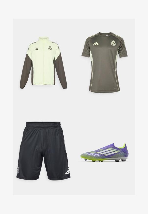 Adidas jakna s svijetlozelenim tijelom i tamnosmešnim rukavima. Ima visoki ovratnik, predni zip i logo na prsima.; Tamnozelena atletska majica s heraldikom svijetlozelene boje, kratkim rukavima, okruglim izrezom i logotipom Real Madrida na prsima. Napravljena je od materijala koji odvodi vlagu.; Crne atletske kratke hlače izrađene od laganog materijala. Imaju elastičnu traku u struku, bočne džepove i bijeli adidas logo na donjem desnom dijelu.; Nogometna kopačka u ljubičastoj i zelenoj boji, s aerodinamičnim dizajnom, teksturiranim gornjim dijelom sa uzorkom pruga i prozirnom potplatom.