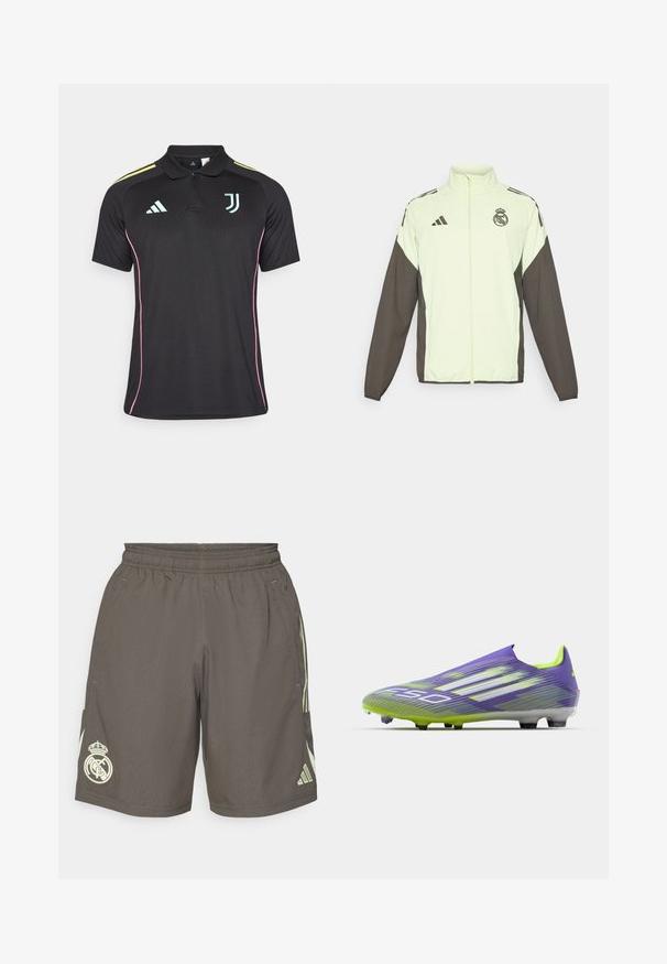 Veste Adidas avec un corps vert clair et des manches marron foncé. Comprend un col haut, une fermeture éclair sur le devant et un logo sur la poitrine.; Polo noir avec un col, passepoil rose sur le côté et logos bleu clair. Présente trois rayures jaunes sur les épaules.; Shorts de sport gris avec une ceinture élastique, rayures latérales vert clair et un logo Real Madrid blanc sur l'ourlet gauche.; Chaussure de soccer en violet et vert, avec un design épuré, un dessus texturé avec des motifs en rayures, et une semelle translucide.