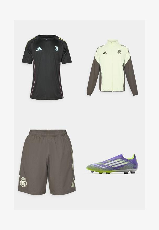 Bundová bunda Adidas s svetlozeleným telom a tmavo hnedými rukávmi. Obsahuje vysoký golier, predný zips a logo na hrudi.; Čierne tričko s krátkym rukávom so svetlomodrými akcentmi, žltými pruhmi na pleciach a ružovými lemami pozdĺž strán. Obsahuje logá Adidas a Juventus.; Šedé športové šortky s elastickým pásom, svetlozelenými bočnými pruhmi a bielym logom Real Madrid na ľavom leme.; Futbalová kopačka v púštine a zelenej farbe, so štíhlou konštrukciou, textúrovaným vrchom so vzorom pruhov a priesvitnou podrážkou.