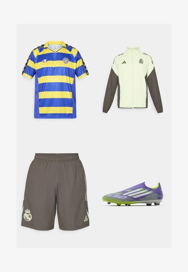 Giacca Adidas con un corpo verde chiaro e maniche marroni scure. Include un colletto alto, una cerniera frontale e il logo sul petto.; Maglietta sportiva a maniche corte a strisce blu e gialle con colletto giallo, loghi Champion sulle spalle e sul petto, e un badge NYC CHP.; Pantaloni corti sportivi grigi con una cintura elastica, strisce laterali verde chiaro e un logo bianco del Real Madrid sull'orlo sinistro.; Scarpa da calcio in viola e verde, caratterizzata da un design aerodinamico, tomaia strutturata con motivi a strisce e suola traslucida.