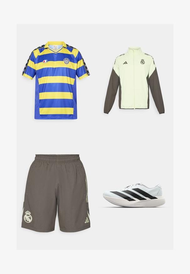 Jachetă Adidas cu un corp verde deschis și mâneci maro închis. Include un guler înalt, fermoar frontal și logo pe piept.; Tricou sport cu mânecă scurtă, cu dungi albastre și galbene, guler galben, logo-uri Champion pe umeri și piept, și un badge NYC CHP.; Shorts sportive gri, cu talie elastică, dungi laterale verzi deschise și un logo alb al echipei Real Madrid pe tivul stâng.; Pantofi de alergare ușori în albastru deschis cu dungi negre. Au un superior neted, vârf rotund și o intermediară groasă albă etichetată "LIGHTSTRIKE PRO."