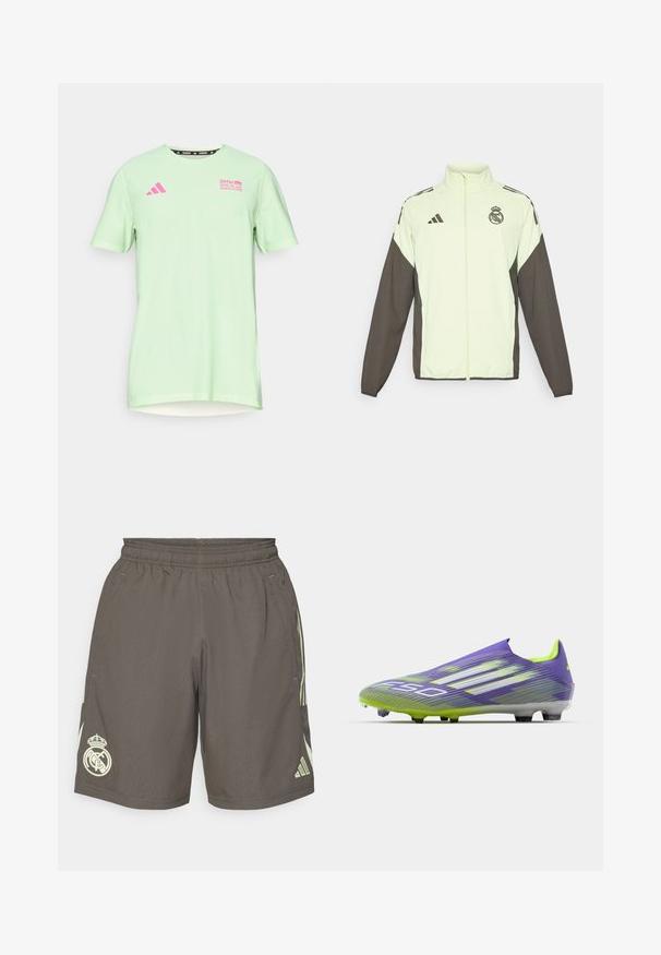 Adidas jacket featuring a light green body and dark brown sleeves. Includes a high collar, front zipper, and logo on the chest.; adidas Performance BER25 TEE - Sports T-shirt - semi green spark; Gray athletic shorts with an elastic waistband, light green side stripes, and a white Real Madrid logo on the left hem.; Soccer cleat in purple and green, featuring a streamlined design, textured upper with stripe patterns, and a translucent sole.