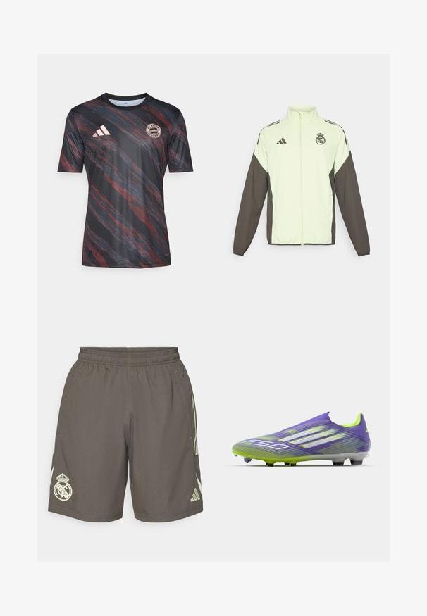 Adidas jakke med en lys grøn krop og mørkebrune ærmer. Omfatter en høj krave, frontlynlås og logo på brystet.; Sort og rød stribet T-shirt med korte ærmer og rund halsudskæring, med Adidas-logoet og Bayern Münchens emblem på brystet.; Grå sportsshorts med elastisk talje, lysegrønne sidelister og et hvidt Real Madrid-logo på venstre kant.; Fodboldstøvle i lilla og grøn, med et strømlinet design, tekstureret overdel med stribemønstre og en gennemsigtig sål.