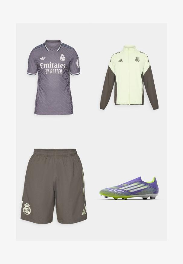 Adidas-Jacke mit einem hellgrünen Hauptteil und dunkelbraunen Ärmeln. Verfügt über einen hohen Kragen, einen Frontreißverschluss und ein Logo auf der Brust.; Grauer Trikot mit geprägt Muster, weißem "Emirates Fly Better" Logo, Adidas-Logo auf der Brust und kontrastierenden Akzenten am Kragen und an den Ärmeln.; Graue Sportshorts mit elastischem Bund, hellgrünen Seitenstreifen und einem weißen Real Madrid-Logo am linken Saum.; Fußballschuh in Lila und Grün, mit einem stromlinienförmigen Design, strukturiertem Obermaterial mit Streifenmustern und einer durchsichtigen Sohle.