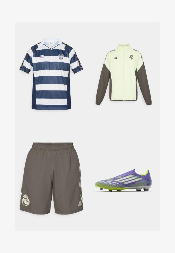 Casaco Adidas com um corpo verde claro e mangas castanhas escuras. Inclui um colarinho alto, fecho de correr à frente e logótipo no peito.; Jersey de poliéster às riscas azul-marinho e branco, com decote em V, mangas curtas e detalhe do logótipo no peito e nas mangas.; Calções atléticos cinzentos com um cós elástico, riscas laterais verde claro e um logotipo branco do Real Madrid na bainha esquerda.; Chuteira de futebol em roxo e verde, apresentando um design aerodinâmico, parte superior texturizada com padrões em faixa e uma sola translúcida.