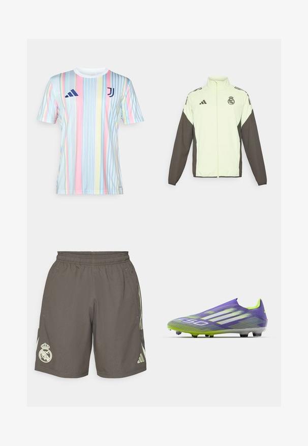 Adidas jack met een lichtgroene body en donkerbruine mouwen. Voorzien van een hoge kraag, een ritssluiting aan de voorkant en een logo op de borst.; Juventus gestreept shirt in pastelkleuren, met verticale lijnen in blauw, roze, geel en wit. Gemaakt van lichtgewicht, ademend materiaal.; Grijze sportshorts met een elastische tailleband, lichtgroene zijstrepen en een wit Real Madrid-logo op de linkerpunt.; Voetbalschoen in paars en groen, met een gestroomlijnd ontwerp, een gestructureerde bovenkant met streepjespatronen en een doorzichtige zool.