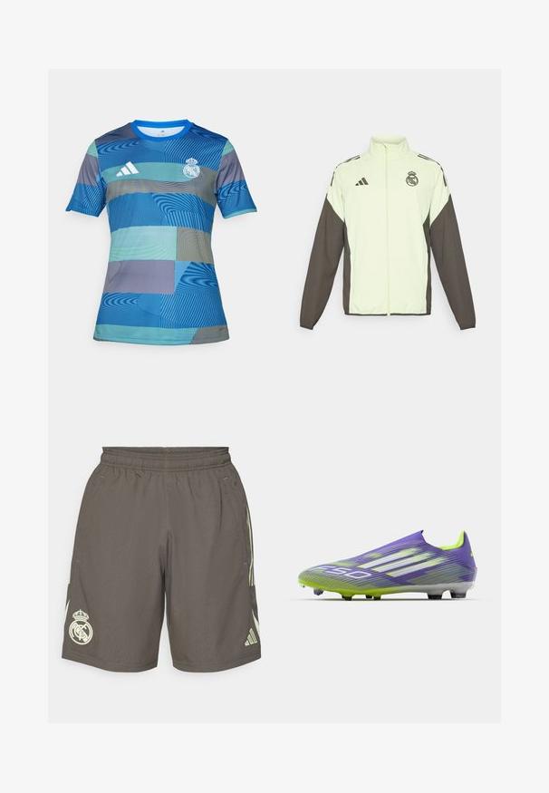 Chaqueta Adidas con un cuerpo verde claro y mangas marrón oscuro. Incluye un cuello alto, cremallera frontal y logo en el pecho.; Camisa de fútbol azul con un patrón geométrico en diferentes tonos de azul y verde, de manga corta, cuello redondo y logo de Adidas.; Pantalones cortos deportivos grises con una cintura elástica, rayas laterales de color verde claro y un logo blanco del Real Madrid en el dobladillo izquierdo.; Botas de fútbol en púrpura y verde, con un diseño aerodinámico, parte superior texturizada con patrones de rayas y una suela translúcida.