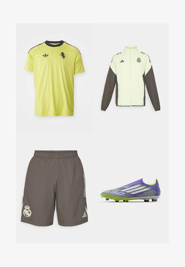Jakna Adidas s svetlo zelenim telesom in temno rjavimi rokavi. Vključuje visok ovratnik, sprednji zadrgo in logo na prsih.; Svetla rumena atletska majica s črnimi detajli, kratkimi rokavi in okroglim izrezom. Vsebuje Adidasovo oznako in grafiko črnega konja.; Sive atletske kratke hlače z elastičnim pasom, svetlozelenimi stranskimi črtami in belim logotipom Real Madrid na levem robu.; Nogometna kopačka v vijolični in zeleni barvi, s prefinjenim dizajnom, teksturiranim zgornjim delom s črtnimi vzorci in prosojnim podplatom.
