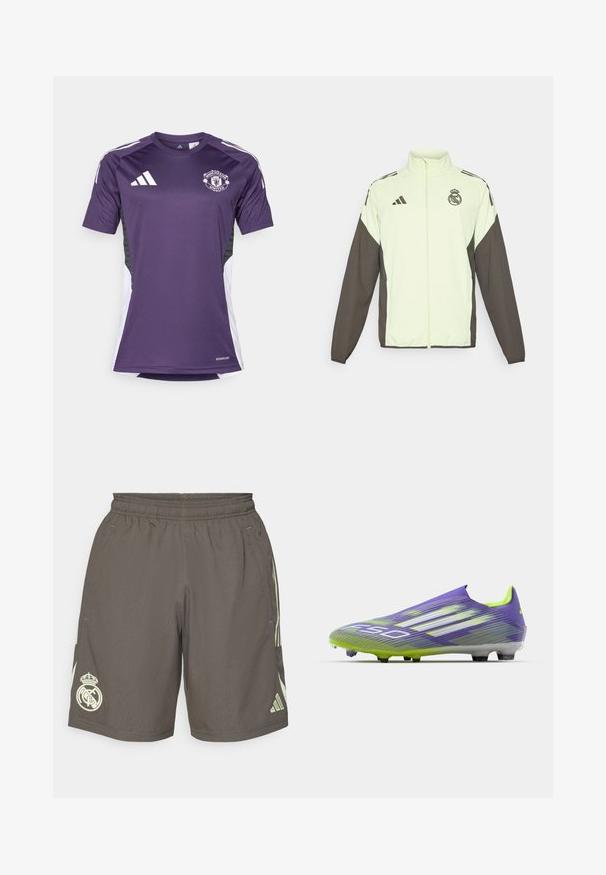 Veste Adidas avec un corps vert clair et des manches marron foncé. Comprend un col haut, une fermeture éclair sur le devant et un logo sur la poitrine.; Maillot Manchester United violet avec des manches courtes, logo Adidas et accents de panneaux latéraux blancs. Fabriqué en matière évacuant l'humidité.; Shorts de sport gris avec une ceinture élastique, rayures latérales vert clair et un logo Real Madrid blanc sur l'ourlet gauche.; Chaussure de soccer en violet et vert, avec un design épuré, un dessus texturé avec des motifs en rayures, et une semelle translucide.