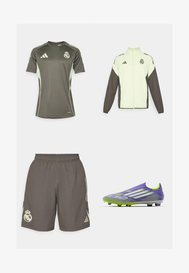 Chaqueta Adidas con un cuerpo verde claro y mangas marrón oscuro. Incluye un cuello alto, cremallera frontal y logo en el pecho.; Camiseta atlética de color verde oscuro con acentos en verde claro, de mangas cortas, cuello redondo y el logo del Real Madrid en el pecho. Fabricada con material que absorbe la humedad.; Pantalones cortos deportivos grises con una cintura elástica, rayas laterales de color verde claro y un logo blanco del Real Madrid en el dobladillo izquierdo.; Botas de fútbol en púrpura y verde, con un diseño aerodinámico, parte superior texturizada con patrones de rayas y una suela translúcida.