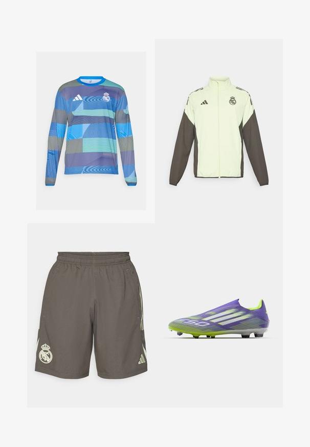 Jakna Adidas s svetlo zelenim telesom in temno rjavimi rokavi. Vključuje visok ovratnik, sprednji zadrgo in logo na prsih.; Majica z dolgimi rokavi za šport s svetlo modrim in zelenim geometrijskim vzorcem, izdelana iz lahkega materiala z modrim rebrastim ovratnikom in logotipom Adidas.; Sive atletske kratke hlače z elastičnim pasom, svetlozelenimi stranskimi črtami in belim logotipom Real Madrid na levem robu.; Nogometna kopačka v vijolični in zeleni barvi, s prefinjenim dizajnom, teksturiranim zgornjim delom s črtnimi vzorci in prosojnim podplatom.