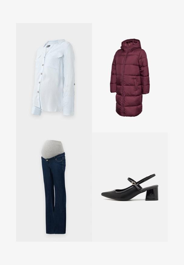 Bordó puffadt kabát kapucnival, hosszú fazonú, cipzáras záródású és két oldalzsebes. Egészében sima, steppelt textúrájú.; Világoskék csíkos, hosszú ujjú ing, két mellzsebbel, és gombbal rögzíthető felgöngyölített ujjakkal. Puha, könnyű anyag.; Sötétkék denim anyagú kismama farmernadrág, szürke elasztikus haspanellel, egyenes lábbal és fémes részletekkel ellátott elülső zsebekkel.; Fekete lakk bőr, pántos magassarkú cipő, hegyes orral, lekerekített kivágással és tömbsarkal. Arany színű csat díszíti.