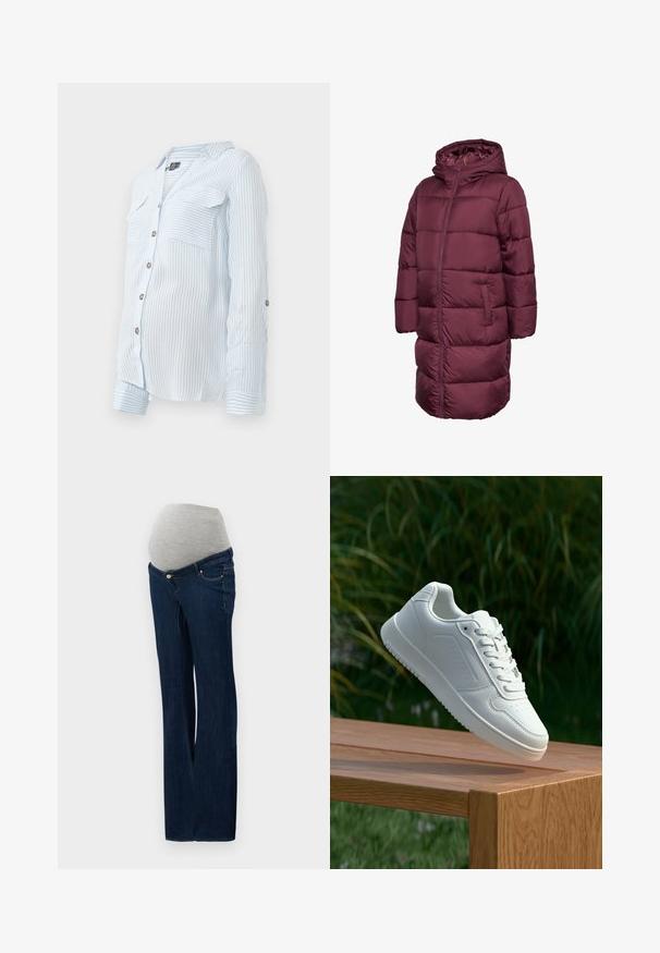 Kaštanově hnědý prošívaný kabát s kapucí, s dlouhým střihem, zipovým zapínáním a dvěma bočními kapsami. Hladká, prošívaná textura po celém povrchu.; Světle modrá pruhovaná košile s dlouhými rukávy, dvěma náprsními kapsami a rukávy s možností ohrnutí, zajištěné knoflíky. Měkká, lehká tkanina.; Těhotenské džíny z tmavě modrého denimu, s šedým elastickým panelem na břiše, rovného střihu a předními kapsami s kovovými akcenty.; Bílé tenisky s hladkým syntetickým svrškem, perforovanou špičkou, plochými tkaničkami a texturovanou podrážkou, vystavené na dřevěném povrchu.