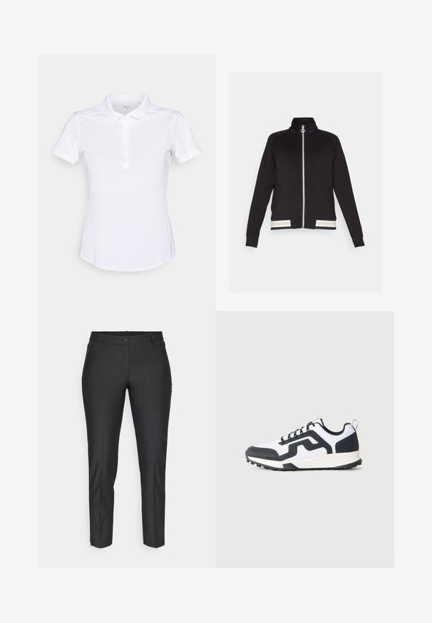 Černá bundě na zip s vysokým límcem, která má boční kapsy a pruhované žebrované manžety a lem v krémové, béžové a černé barvě. Hladká textura látky.; Bílá polo košile z hladké tkaniny, s límečkem, krátkými rukávy a zapínáním na pět knoflíků. Diskrétní logo na hrudi.; Černé upravené kalhoty s hladkou texturou, vybavené zapínáním na knoflík, zipovým rozparkem a dvěma bočními kapsami. Slim fit s tapered nohavicemi.; Černo-bílé nízké tenisky se vzorovanou gumovou podrážkou a zigzagovým designem po straně, zobrazené z vnější strany na jednobarevném pozadí.