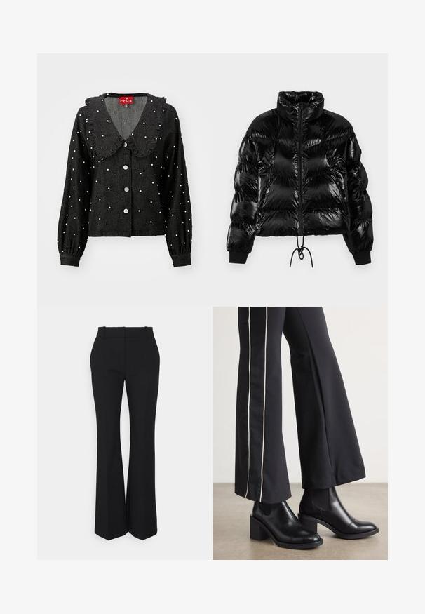 Giacca a vento nera con materiale lucido e trapuntato, colletto alto, zip frontale e orlo con coulisse. Presenta polsini a costine per una vestibilità aderente.; Giacca nera con colletto arrotondato, dettagli con volant, decorazioni simili a perle, motivo a diamante e chiusura frontale con bottoni. Maniche lunghe con polsini arricciati.; Pantaloni neri plissettati con un taglio dritto, realizzati in un tessuto morbido. Presentano una vita alta e tasche laterali invisibili.; Stivaletti in pelle nera con tacco a blocco, dotati di pannelli elastici sui lati. Abbinati a pantaloni neri con una striscia bianca laterale.