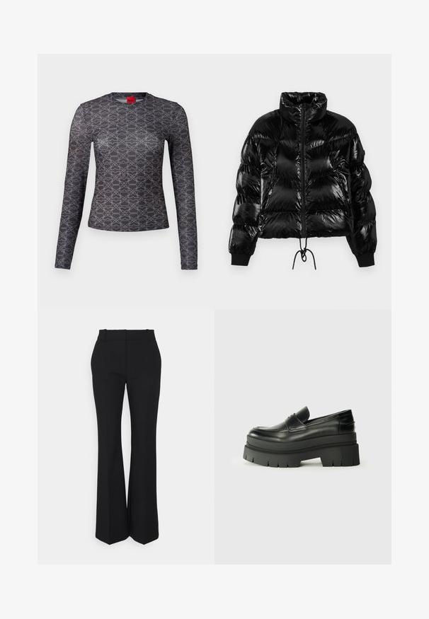 Svart pufferjacka med glänsande, vadderat material, hög krage, framsida med dragkedja och dragsko nederkant. Har ribbade manschetter för en snug passform.; Långärmad skjorta i svart och grått med ett geometriskt mönster. Har rundad halsringning och logotypdetalj på framsidan och baksidan. Slät textur.; Svarta plisserade byxor med rak bendesign, tillverkade av ett smidigt tyg. Har hög midja och osynliga sidfickor.; Svarta läderskor med en tjock plattformssula. Rundad tå, detalj med söm framtill och diskreta sömnadsaccenter. Platt, texturerad yttersula.
