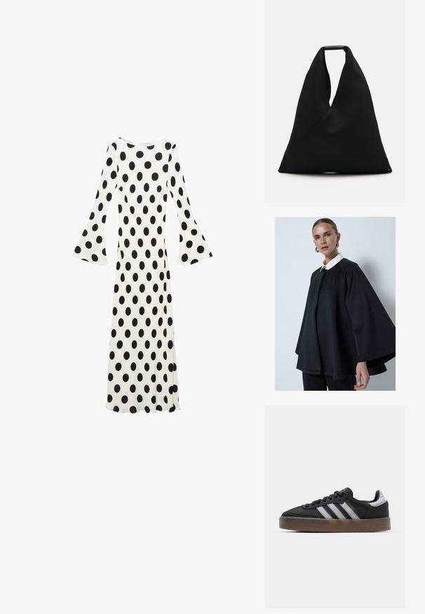 Černý plášť s bílým límcem, s vysokým výstřihem a hladkým povrchem. Design je volný, s širokými rukávy.; Dlouhý rukáv šaty z bílé látky s velkými černými puntíky, rozšířenými manžetami a přiléhavým střihem.; Černé tenisky s elegantním designem, které mají tři bílé pruhy, černý jazyk a texturovanou hnědou gumovou podrážku. Akcenty zlatého písma.; Černá taška z látky s jedinečným designem ve tvaru V a hladkou strukturou. Obsahuje krátké ucho s minimalistickým kováním.