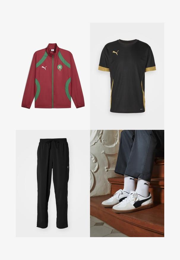 Red lightweight jacket with green accents, full zip, high collar, and embroidered emblem on left chest. Made of smooth, water-resistant fabric.; Black athletic T-shirt with gold accents on sleeves and side. Features a round neck, short sleeves, and moisture-wicking DRYCELL fabric.; Black athletic pants made from lightweight, smooth fabric with an elastic waistband, adjustable drawstring, and logo accents on the side.; Puma sneakers in white and black suede, featuring a brown rubber sole. Paired with white socks displaying a black logo, worn with dark pants.