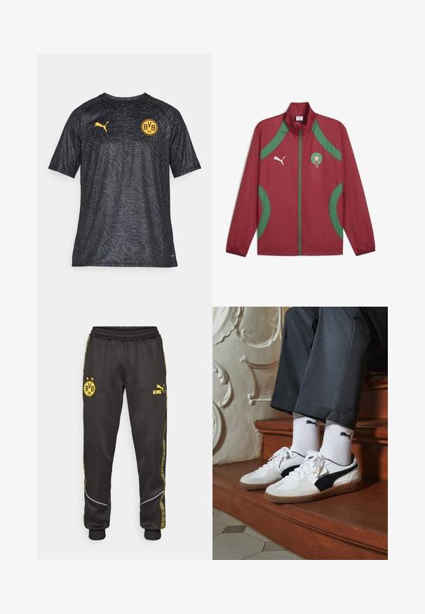 Červená lehká bunda s zelenými akcenty, plný zip, vysoký límec a vyšívaná embléma na levé hrudi. Vyrobena z hladké, voděodolné tkaniny.; Černé sportovní tričko s krátkým rukávem s texturovaným vzorem, žluté logo Puma na hrudi a kruhový žlutý erb BVB 09.; Černé sportovní kalhoty s žlutými logy Borussia Dortmund BVB 09 a Puma King, elastickým pasem a vzorovanými žlutými bočními pruhy.; Puma tenisky v bílé a černé semišové úpravě, s hnědou gumovou podrážkou. Kombinované s bílými ponožkami, na kterých je černé logo, nošeny s tmavými kalhotami.