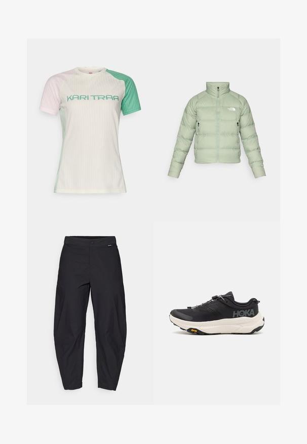 Light green insulated puffer jacket with a high collar, zip front, and two side pockets. Features horizontal quilting and a logo on the chest.; Short-sleeve athletic shirt with a ribbed texture. Colors include light pink, green, and white. Features bold "KARI TRAA" lettering in teal.; Black, loose-fitting pants with a button closure and side pockets, displayed against a white background.; Black athletic shoes with a breathable mesh upper, rubber outsole, white cushioning midsole, and reflective laces. Vibram logo on outsole.