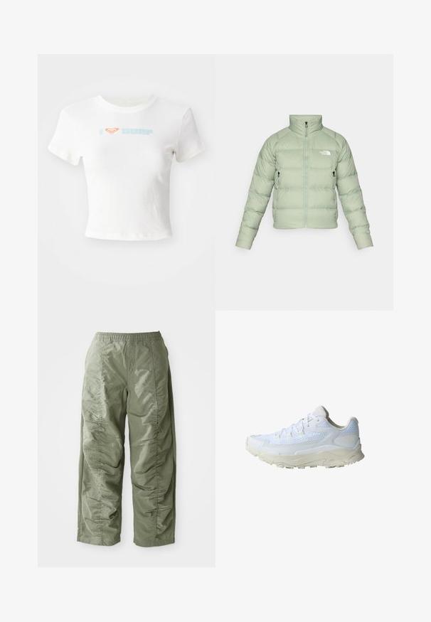 Casaco acolchoado isolado verde claro com gola alta, fecho de correr à frente e dois bolsos laterais. Apresenta um matelassado horizontal e um logótipo no peito.; T-shirt cropped branca feita de algodão. Apresenta "I ❤️ SURF" em texto azul claro e laranja. Mangas curtas com decote redondo.; Calças leves em verde-azeitona, com cinta elástica, apresentando textura franzida ao longo dos lados e corte de perna larga.; Sapatilha desportiva branca com parte superior em malha e sintético, sola texturada, bico arredondado e atacadores planos. Apresenta detalhes em cinza claro e uma marca.
