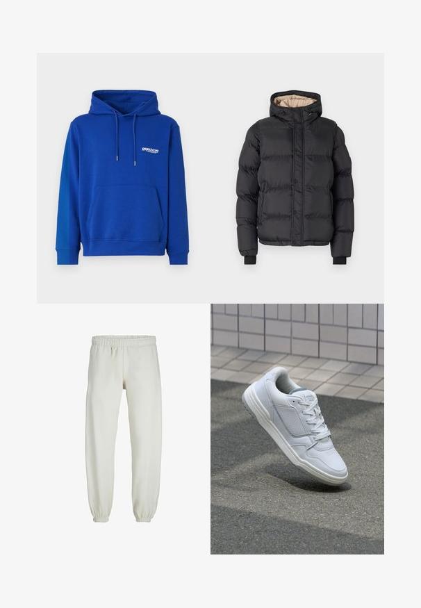 Czarna kurtka puchowa z kapturem, zamkiem błyskawicznym i zapięciem na napy, ściągaczami przy rękawach oraz kontrastową beżową podszewką.; Niebieska bluza z kapturem, z kieszenią kangurką, kapturem na sznurki i ściągaczami na rękawach. Posiada małe białe logo na piersi. Miękka tekstura.; Białe dresy wykonane z miękkiego materiału, z elastycznym pasem i mankietami, o gładkiej fakturze i luźnym kroju.; Białe skórzane trampki z perforowanymi bokami, teksturowanymi akcentami, płaskimi sznurowadłami i kontrastującym szarym obcasem. Posiadają lekko podniesioną podeszwę.