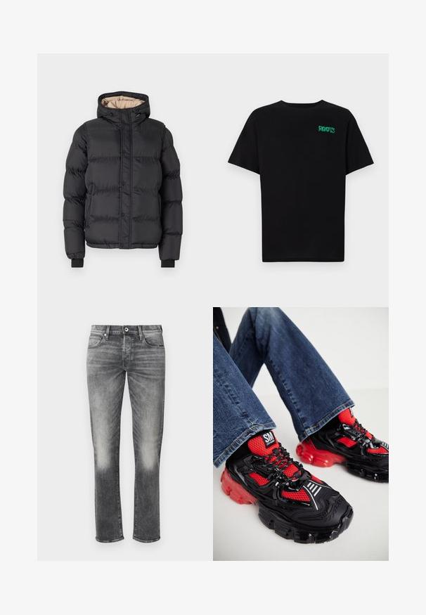 Svart boblejakke med hette, glidelås og trykknapplukking, ribbede mansjetter og en kontrasterende beigefôr.; svart t-skjorte laget av bomull med korte ermer. Har et grønt "ROOTS"-logo på forsiden, rund halsutringning og standard passform.; Grå denimjeans med rett ben-design, med subtil falming, fem lommer og knappelukking. Teksturert stoff med minimal søm.; Sorte og røde sportsko med mesh-overdel, tykke røde gjennomsiktige såler og reflekterende striper. Stylet med blå denimbukser.