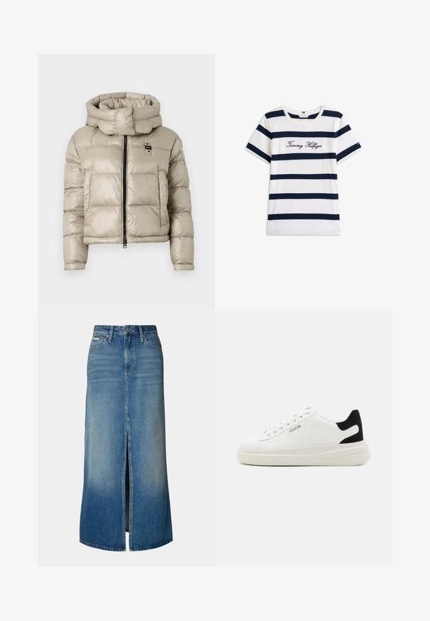 Šviesiai bežinė pūkinė striukė su aukštu apykakle, priekyje užtrauktukas ir horizontalaus siuvinėjimo raštas; turi mažą logotipą ant krūtinės.; Baltos medvilninės marškinėliai su horizontaliomis tamsiai mėlynomis juostelėmis. Ant krūtinės išsiuvinėtas „Tommy Hilfiger“ rašmuo. Apvalus iškirpimas.; Šviesiai mėlyna džinsinė maksi sijonas su priekinėmis plyšio detalėmis, dirželių kilpomis, tradicine penkių kišenių konstrukcija ir išblukusiu efektu.; Baltos odinės sportbačiai su storu baltu padu, juodu nubuko kulno akcentu ir iškilmingu logotipu šone. Su raišteliais, turinčiais šešis akinius.