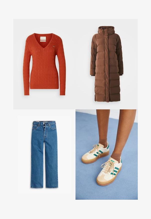 Duga, smeđa pernata jakna s visokim ovratnikom, kviltiranim dijelovima i prednjim zatvaračem. Ima bočne džepove i elegantan, uski dizajn.; Crvena vesta s pletenim uzorkom, u obliku slova V s dugim rukavima. Ima rebraste manžete i rub, te mali logo na lijevoj strani prsiju.; Plave traperice ravnog kroja s visokim strukom, dizajn s pet džepova i dugmetom za zatvaranje. Primjetno šavovi i zakovice u boji bakra.; Bež tenisice s tamnozelenim prugama, gumeni potplat, gornji dio od antilopa i tekstila, te neutralni dodaci, uparene s smešnim čarapama na svijetloplavoj površini.