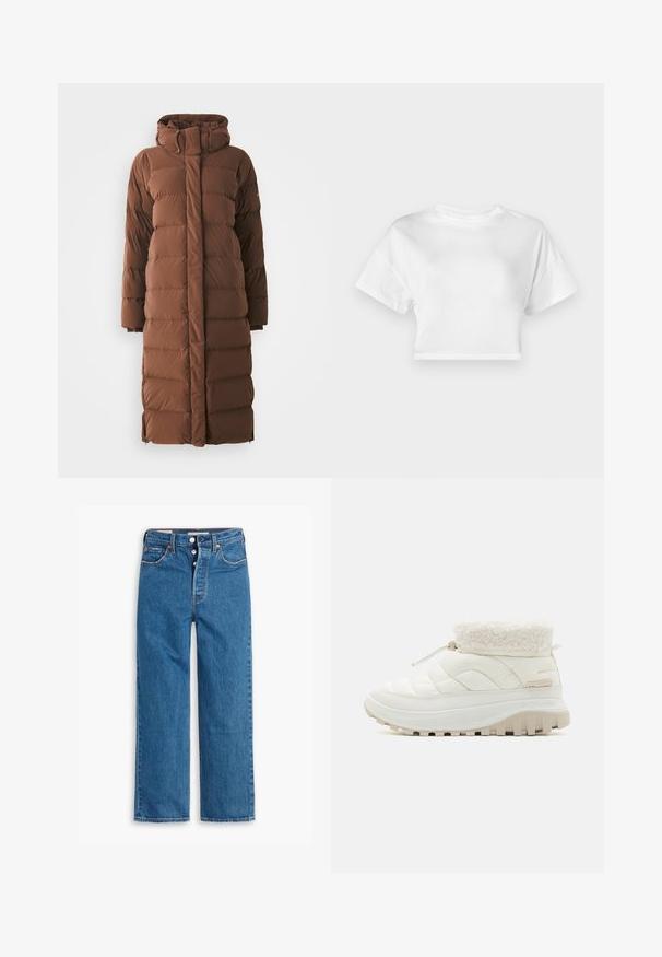 Dlouhý hnědý péřový kabát s vysokým límcem, prošívanými částmi a předním zipem. Disponuje bočními kapsami a elegantním, štíhlým designem.; Bílé zkrácené tričko vyrobené z bavlny. Krátké rukávy, kulatý výstřih, hladká textura, volnočasový design bez vzorů nebo ozdob.; Modré džíny se rovnými nohavicemi a vysokým pasem, pět kapsovým designem a knoflíkovým zapínáním. Vykazuje výrazné švy a měděné nýty.; Bílé prošívané boty do poloviny lýtek s límcem z umělé kožešiny, elastickým šněrováním a silnou gumovou podrážkou se hlubokým vzorem pro lepší trakci.