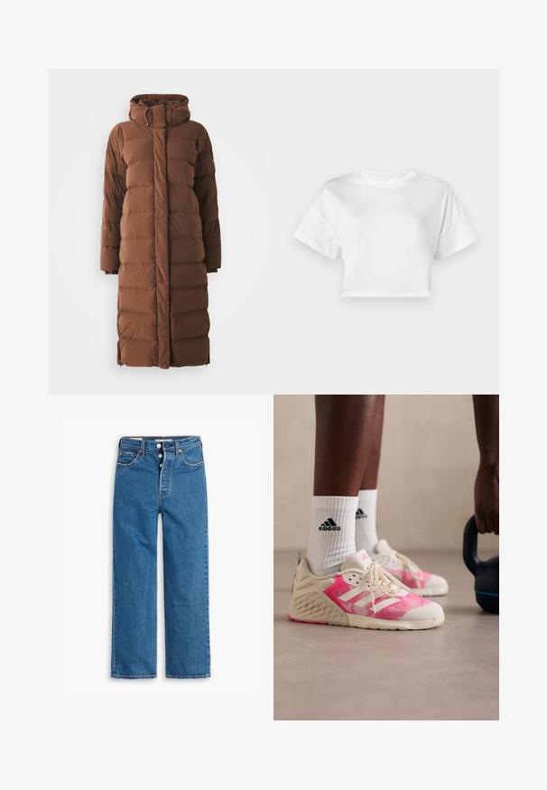 Ilgas, rudas pūkinis paltas su aukštu apykakle, siuvinėtomis dalimis ir priekine užtrauktuko uždarymo sistema. Turi šonines kišenes ir liekną, aerodinamišką dizainą.; Balta trumpa medvilninė marškinėlių palaidinė. Trumpi rankovės, apvali iškirptė, lygus paviršius, kasdienis dizainas be raštų ar puošmenų.; Mėlyni džinsai tiesaus šešiakampio modelio su aukšta liemens linija, penkių kišenių dizainu ir sagčių užsegimu. Matoma siuvimo linija ir vario atspalvio varžtai.; Lengvi sportiniai bateliai su rožiniu tinkleliu, smėlio spalvos akcentais ir baltais raišteliais. Raštuotas padas su juodais logotipais ant kojinių.