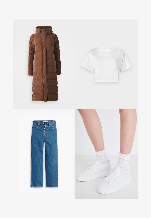 Lang, brun dunjakke med høj krave, quiltede sektioner og lynlås foran. Har sidelommer og et slankt, strømlinet design.; Hvid cropped t-shirt lavet af bomuld. Korte ærmer, rund halsudskæring, glat tekstur, afslappet design uden mønstre eller pynt.; Blå denim lige ben jeans med høj talje, fem lomme design og knaplukning. Markante syninger og kobberfarvede nitter.; Copenhagen Studios CPH72 - Sneakers - white