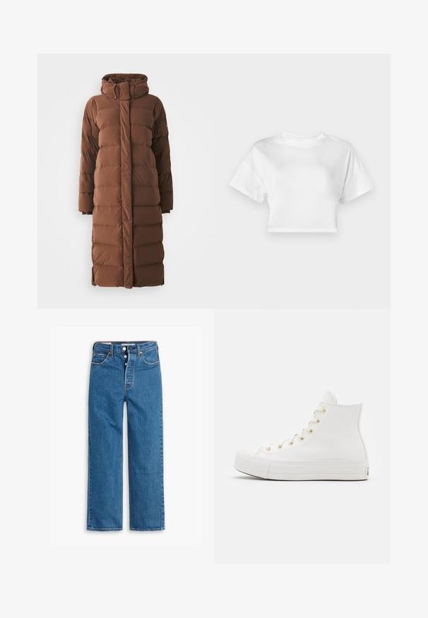 Μακριά καφέ μπουφάν με ψηλό γιακά, καπιτονέ τμήματα και μπροστινό φερμουάρ. Διαθέτει πλαϊνές τσέπες και κομψό, αεροδυναμικό σχέδιο.; Άσπρη κοντή μπλούζα από βαμβάκι. Κοντά μανίκια, στρογγυλή λαιμόκοψη, λεία υφή, casual σχέδιο χωρίς μοτίβα ή στολίδια.; Μπλε τζιν παντελόνι ευθείας γραμμής με ψηλή μέση, πεντάτσεπη σχεδίαση και κουμπωτή ζώνη. Εντυπωσιακή ραφή και κοίλες καφέ νίκελ.; Λευκά ψηλά αθλητικά παπούτσια από λεία δέρμα με χρυσές οπές, στρογγυλή μύτη, υφασμάτινη σόλα και λογότυπο στην φτέρνα.