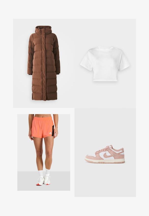 Dlouhý hnědý péřový kabát s vysokým límcem, prošívanými částmi a předním zipem. Disponuje bočními kapsami a elegantním, štíhlým designem.; Bílé zkrácené tričko vyrobené z bavlny. Krátké rukávy, kulatý výstřih, hladká textura, volnočasový design bez vzorů nebo ozdob.; Krátké sportovní šortky v jasné korálové barvě, s elastickým pasem, černými bočními akcenty a malým bílým logem na přední straně.; Tenisky mají měkký růžový semišový svršek, bílé kožené panely a texturovanou gumovou podrážku. Na bočních stranách se nachází výrazné logo „swoosh“ a šněrovací design.