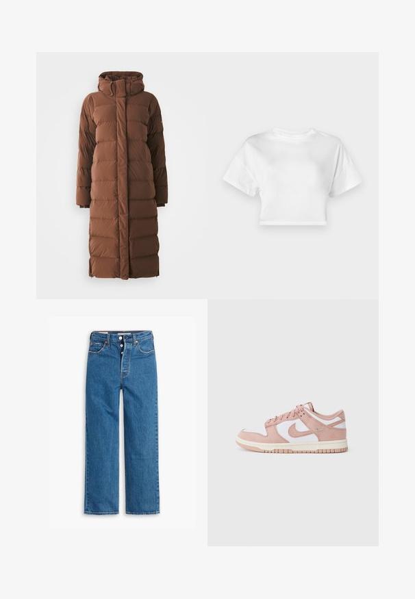 Paltona puf, lungă, de culoare brown, cu guler înalt, secțiuni matlasate și închidere cu fermoar frontal. Include buzunare laterale și un design elegant, aerodinamic.; Tricou alb scurt din bumbac. Mâneci scurte, decolteu rotund, textură uniformă, design casual fără modele sau ornamente.; Jeans din denim albastru, cu croială dreaptă, talie înaltă, design cu cinci buzunare și fermoar cu buton. Cusături vizibile și nituri de ton cupru.; Adidașii au o parte superioară din suede roz moale, panouri din piele albă și o talpă din cauciuc texturat. Logo-ul swoosh notabil pe laturile adidașilor, cu un design șiret.