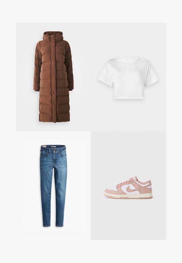 Pikk, pruun puffjakker kõrge kraega, tikanditega osadega ja ees luku sulgemisega. Omab küljetaskuid ja stiilset, voolavat disaini.; Valge lühikeste varrukatega puuvillane lühikeste varrukatega t-särk. Ümara kaelusega, sileda tekstuuriga, juhuslik disain ilma mustrite ja kaunistusteta.; Kõrge vöökohaga kitsad teksad helesinisest denimist. Omab viit taskut, ees klõpsuga sulgemist ja klassikalist tikandit kogu ulatuses.; Tenistijal on pehme roosa suede ülemine osa, valged nahkpaneelid ja tekstureeritud kummitald. Kõrge kvaliteediga swoosh logo külgedel, nööridega disain.