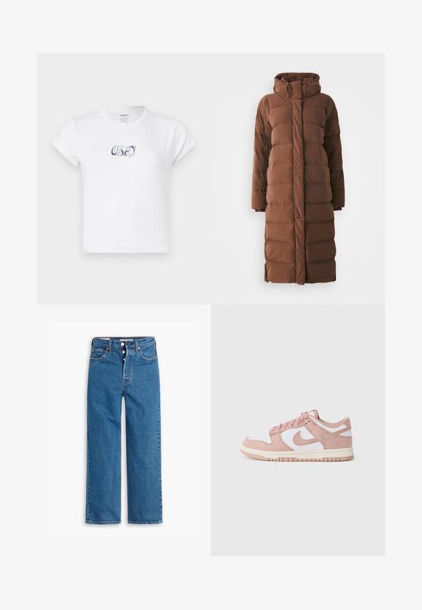 Casaco puffer longo, castanho, com colarinho alto, secções acolchoadas e fecho frontal com zíper. Possui bolsos laterais e um design elegante e aerodinâmico.; T-shirt de algodão branco com mangas curtas e decote redondo, apresentando texto gráfico em azul escuro "OBEY" na parte frontal. Textura suave.; Jeans de ganga azul straight-leg com uma cintura alta, design de cinco bolsos e fecho de botão. Costura visível e rebites em tom cobre.; O ténis apresenta um cabedal em camurça rosa suave, painéis em couro branco e uma sola de borracha texturada. Destaca-se o logótipo swoosh nas laterais e o design com atacadores.