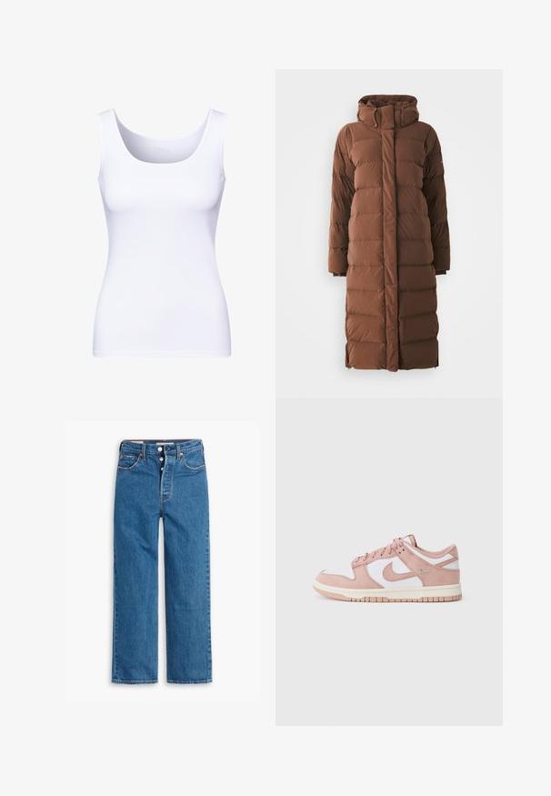 Cappotto puffa lungo, marrone, con colletto alto, sezioni trapuntate e chiusura frontale con zip. Presenta tasche laterali e un design elegante e aerodinamico.; Canottiera bianca con scollatura rotonda e spalline spesse. Realizzata in tessuto liscio e elastico, presenta una silhouette aderente.; Jeans in denim blu con gamba dritta e vita alta, design a cinque tasche e chiusura con bottoni. Cuciture evidenti e rivetti di tonalità rame.; La sneaker presenta una parte superiore in morbido suede rosa, pannelli in pelle bianca e una suola in gomma testurizzata. Logo swoosh ben visibile sui lati, design con stringhe.
