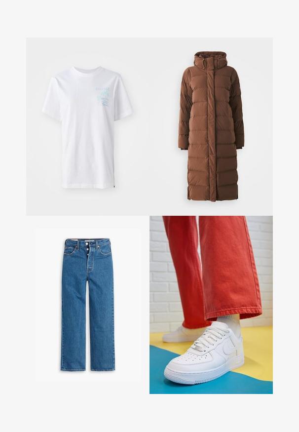 Lang, brun pufferfrakk med høy krage, quiltede seksjoner og glidelås foran. Har sidelommer og et elegant, strømlinjeformet design.; Hvit bomullst-skjorte med korte ermer, med et lysblått motiv av et palmetre og bølger på venstre brystområde.; Blå denim straight-leg jeans med høy midje, fem lommer, og knappestolpe. Merkbar søm og kobberfargede nagler.; Hvit lær sneakers med perforert tåboks, teksturert såle og hvite snørebånd, paret med vide røde bukser og en blå og gul bakgrunn.