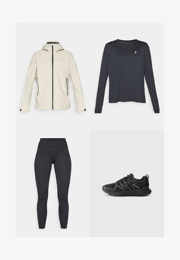 Lichtbeige waterdichte jas met een ritssluiting, verstelbare capuchon, twee zijzakken en zwarte accenten langs de ritssluiting en mouwen.; Donker langarm T-shirt van gestructureerde stof, met een ronde halslijn en een klein wit logo op de linker borst.; Zwarte sportlegging met een hoge tailleband, een gladde textuur en zijzakken. Bevat zichtbare stiksels en een merklogo op het been.; Columbia PEAKFREAK - Outdoorschoenen - black