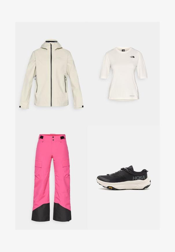 Lys beige vandtæt jakke med lynlås, justerbar hætte, to sidelommer og sorte detaljer langs lynlåsen og manchetterne.; The North Face SHADOW SHORT SLEEVE - Sports T-shirts - white dune; Rosa skibukser med en sort nederste del, lavet af slidstærkt materiale. Har cargo-lommer og et bredt ben design for komfort og mobilitet.; Sorte løbesko med et åndbart mesh-overdel, gummisåler, hvid dæmpningsmellemsål og reflekterende snørebånd. Vibram-logo på sålen.