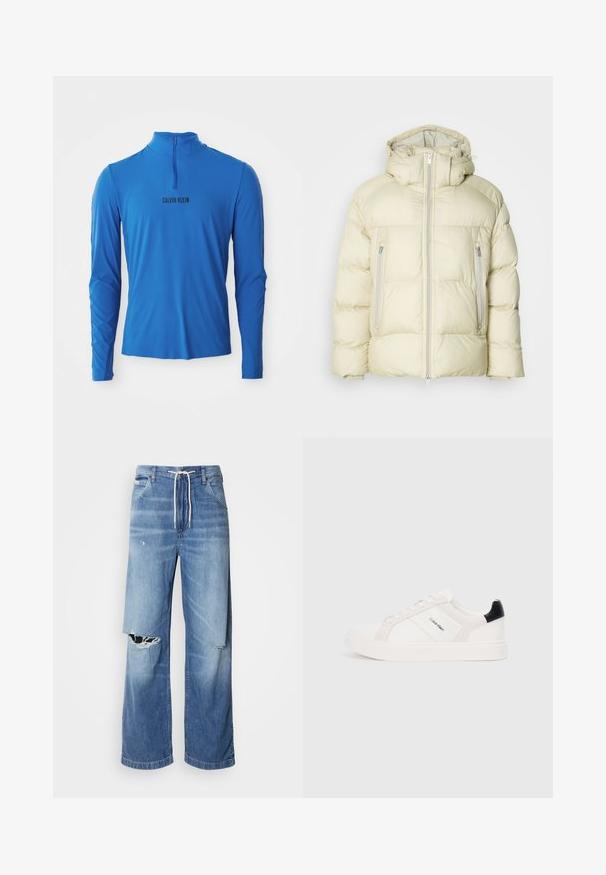 Purūs kremiškai balti švarkai su aukštu apykakle, nuimama kapsule ir dviem užtrauktukais uždarytomis šoninėmis kišenėmis. Textūruota, minkšta medžiaga su horizontaliais siūlais.; Ilgų rankovių, ketvirčio užtrauktuko viršus ryškiai mėlynos spalvos, pasižymintis lankstžiu paviršiumi ir juoda spausdinta prekės ženklo „CALVIN KLEIN“ pavadinimu priekyje.; Šviesiai mėlynos džinsinės kelnės su laisvu kirpimu, turinčios baltą raištelį liemens, ir išskirtinius įpjovimus priekyje, rodančius nusidėvėjusias briaunas.; Baltai sportbačiai su šviesiai rožiniais ir juodais akcentais, turintys lygaus odos ir zomšo panelius, apvalią noselę ir plokščią gumos padą.