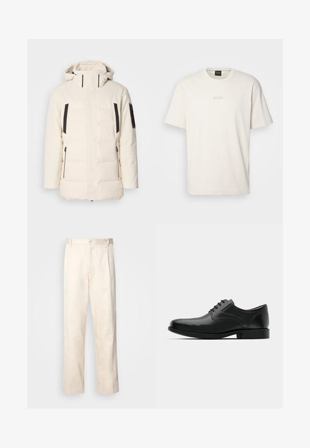 Padded white jacket with a high collar, black accents on sides, zippered pockets, and a smooth texture. Stitched panel design throughout.; BOSS TEE - Basic T-shirt - open white; Beige cotton trousers with a straight-leg cut, featuring a button closure and pleats at the front for added detail.; Black leather dress shoe with a glossy finish, rounded toe, lace-up design, contrasting stitching, and a low rubber heel.