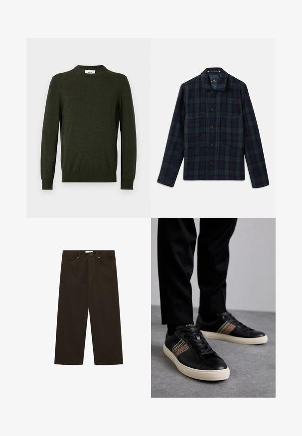 Donkergroen en marineblauw ruitjes-overhemdjasje met lange mouwen, kraag en vier voorkruisen.; Donkergroene trui van een gestructureerde wolmix, met een ronde hals en lange mouwen, voorzien van ribbels aan de manchetten en onderkant.; Brown corduroy broek met een wide-leg ontwerp, voorzien van een verticale ribbels structuur, een knoopsluiting aan de voorkant en standaard zakken.; Zwarte leren sneakers met multicolored gestreepte accenten, ronde neus en witte rubberen zolen, met vetersluiting en reliëfbranding.